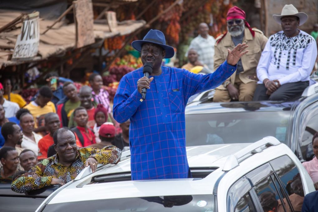 Azimio Leader Raila Odinga speaking during a political rally in Makueni County