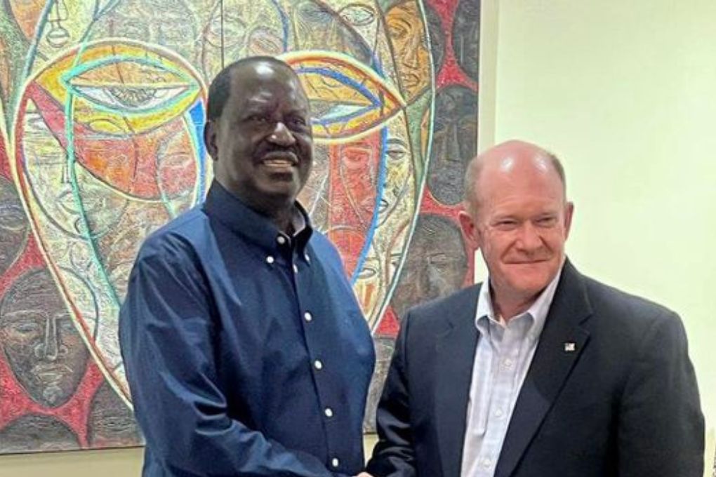 Azimio leader Raila Odinga (left) with US Senator Chris Coons at JKIA, Nairobi on August 18, 2023.