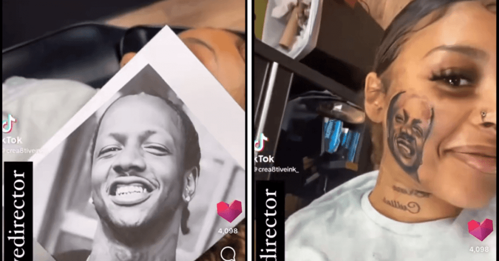 A recent video uploaded on TikTok shows a woman who has tattooed her boyfriend's face on her cheeks.