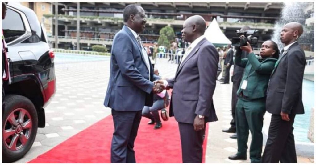 Azimio leader Raila Odinga and Deputy President Rigathi Gachagua shake hands at KICC, Nairobi during Africa Climate Summit. [Photo/Courtesy].