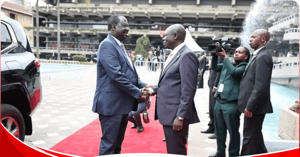 Deputy President Rigathi Gachagua (right) welcomes Azimio Leader Raila Odinga at KICC for Africa Climate Summit on September 5, 2023. [photo/DPCS]