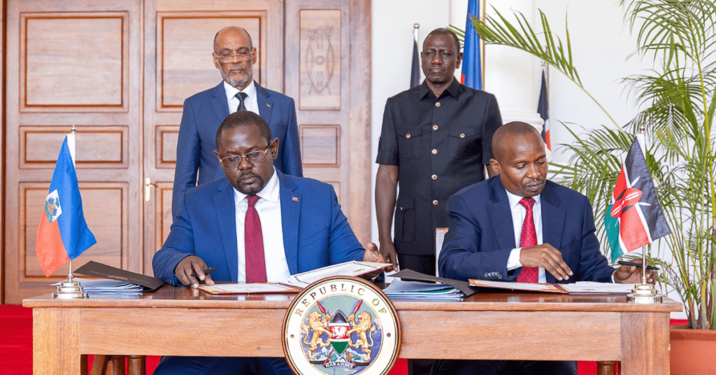 Interior CS Kithure Kindiki (right) with his Haiti counterpart sign agreement on police deployment to Haiti on March 1, 2024. Photo: William Ruto