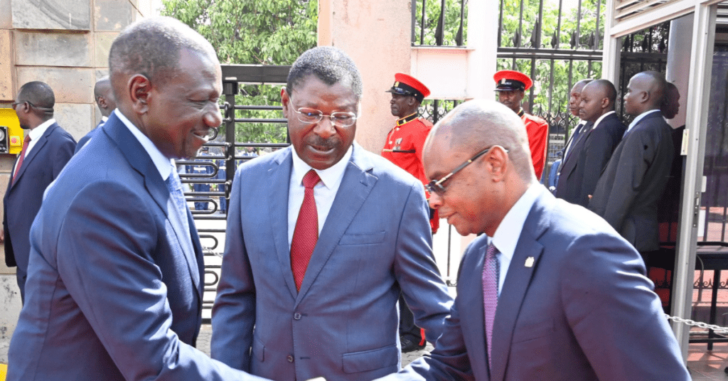 President William Ruto (L) with National Assembly Speaker Moses Wetangula (C) and Senate Speaker Amason Kingi at parliament buildings on March 5, 2024. Photo: TV47.